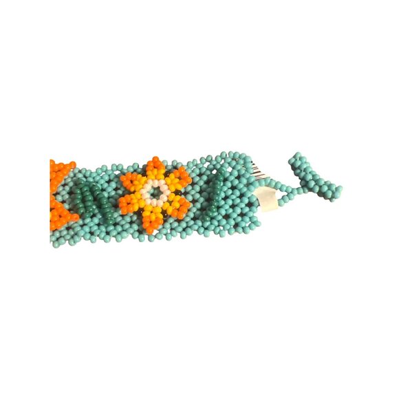 Shakira Huichol Seed Bead Cuff Bracelet 3D Flowers Turquoise Orange 3 Sizes NWT - Picture 4 of 8